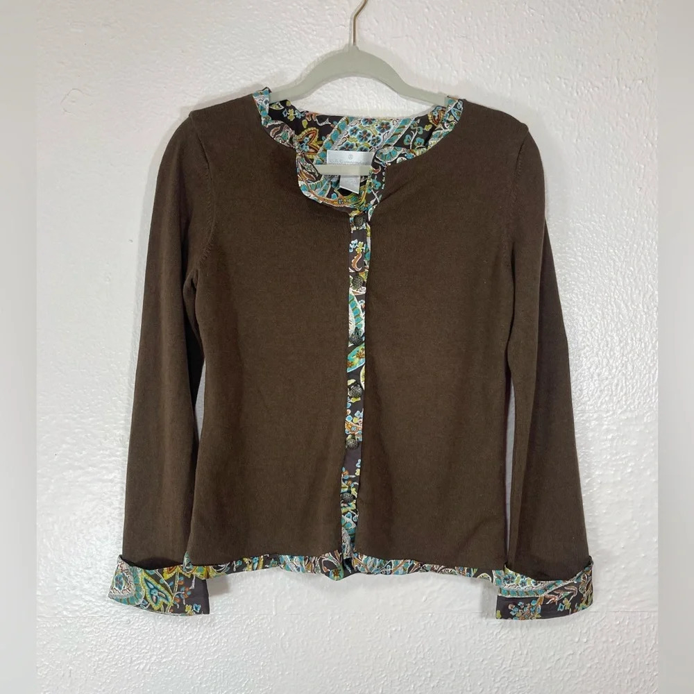 Soft Surroundings Silk Cashmere Button Front Brown Paisley Cardigan Top Small